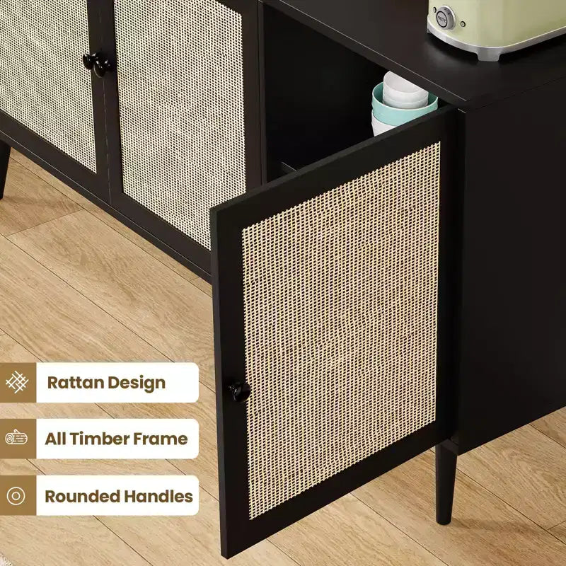 PexFix Side Panel Cabinet With 3 Rattan Doors Kitchen Storage Cabinet Modern Adjustable Legs
