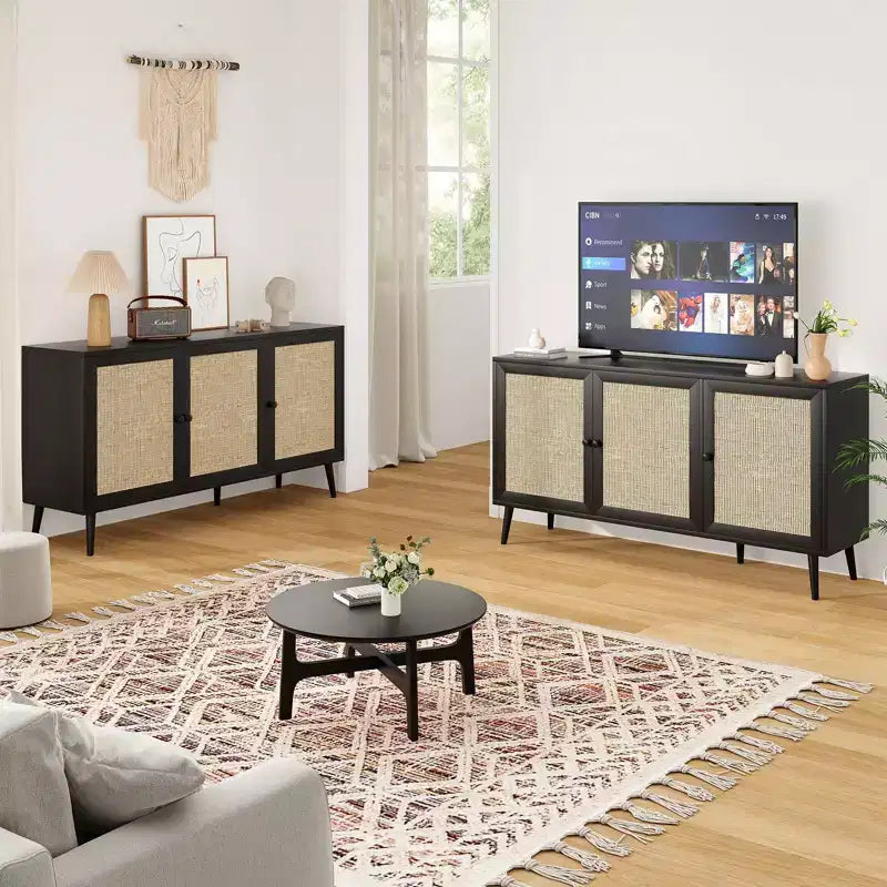 PexFix Side Panel Cabinet With 3 Rattan Doors Kitchen Storage Cabinet Modern Adjustable Legs