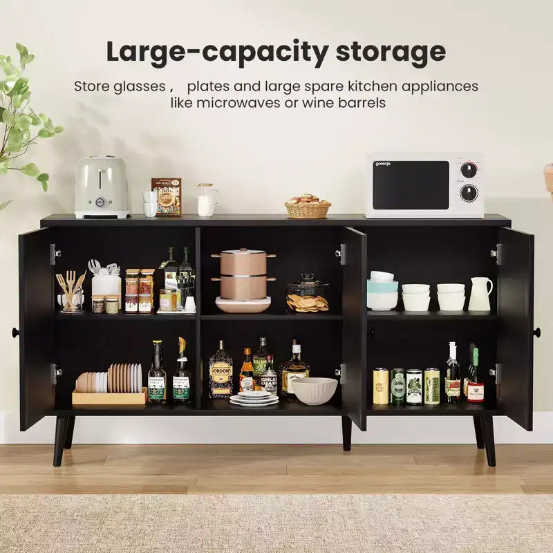 PexFix Side Panel Cabinet With 3 Rattan Doors Kitchen Storage Cabinet Modern Adjustable Legs