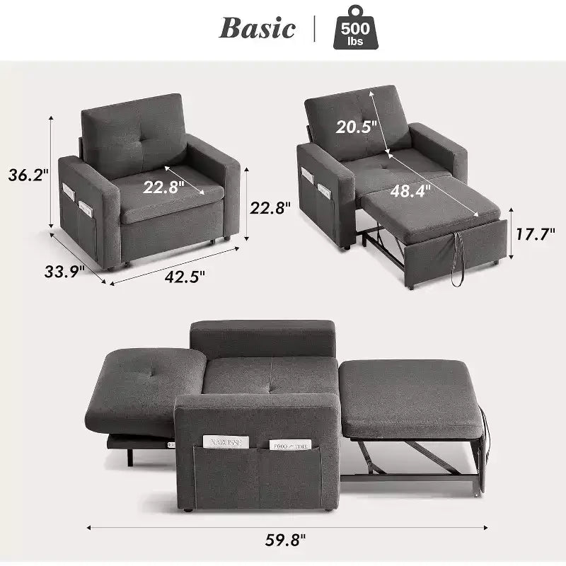 Dyonery 3-in-1 Sleeper Sofa Chair Bed, 42.5 W Convertible Sleeper Chair with Pull Out Bed, Adjustable Backrest, Side Pockets