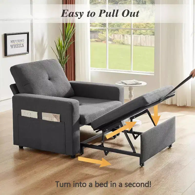 Dyonery 3-in-1 Sleeper Sofa Chair Bed, 42.5 W Convertible Sleeper Chair with Pull Out Bed, Adjustable Backrest, Side Pockets