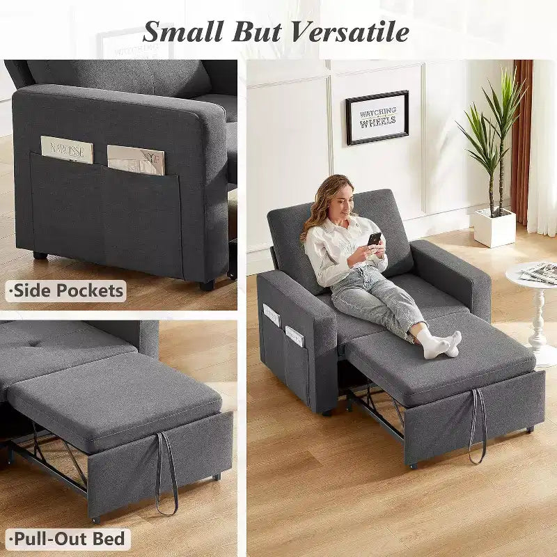 Dyonery 3-in-1 Sleeper Sofa Chair Bed, 42.5 W Convertible Sleeper Chair with Pull Out Bed, Adjustable Backrest, Side Pockets