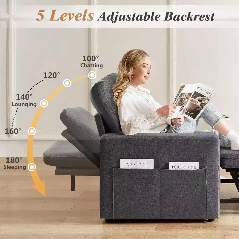 Dyonery 3-in-1 Sleeper Sofa Chair Bed, 42.5 W Convertible Sleeper Chair with Pull Out Bed, Adjustable Backrest, Side Pockets