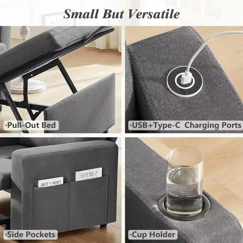 Dyonery 3-in-1 Sleeper Sofa Chair Bed, 42.5 W Convertible Sleeper Chair with Pull Out Bed, Adjustable Backrest, Side Pockets