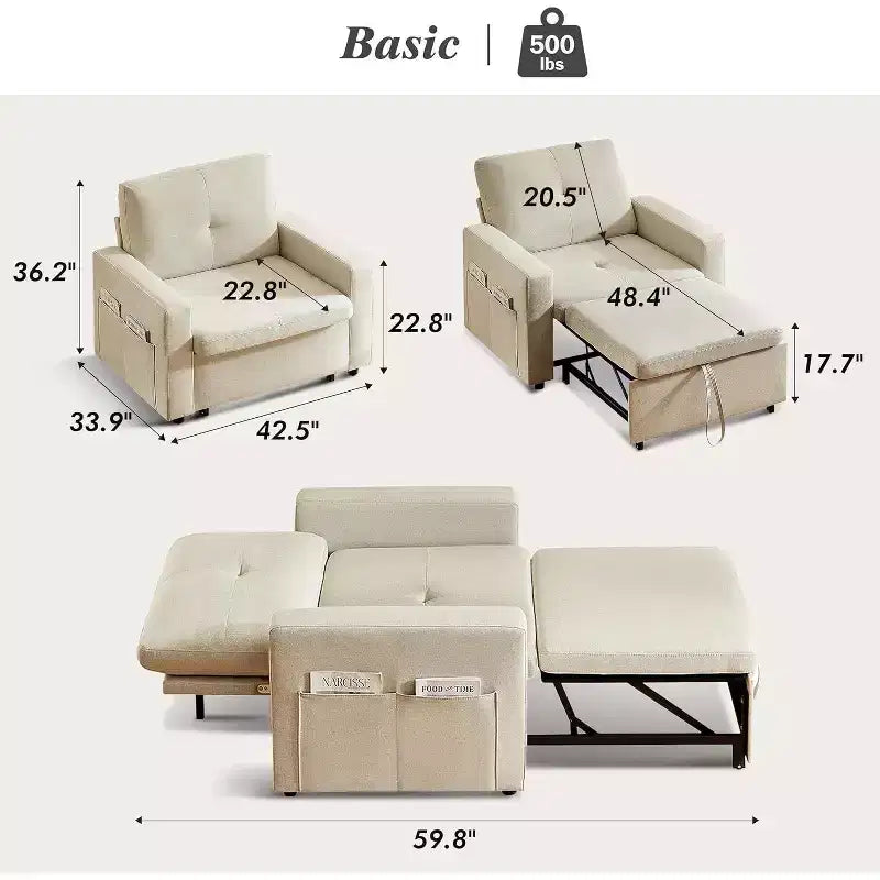 Dyonery 3-in-1 Sleeper Sofa Chair Bed, 42.5 W Convertible Sleeper Chair with Pull Out Bed, Adjustable Backrest, Side Pockets