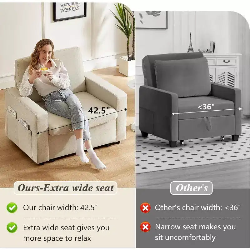 Dyonery 3-in-1 Sleeper Sofa Chair Bed, 42.5 W Convertible Sleeper Chair with Pull Out Bed, Adjustable Backrest, Side Pockets