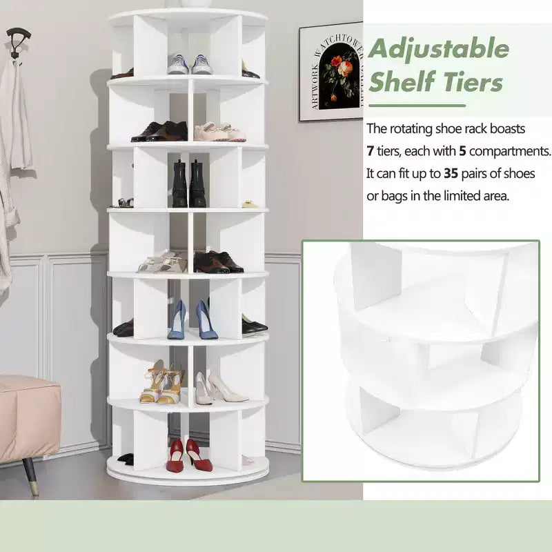CLIHOME 360 Rotating Shoe Rack Tower, 7-Tier Spinning Shoe Carousel Closet Organizer with 5 Grids Per Layer