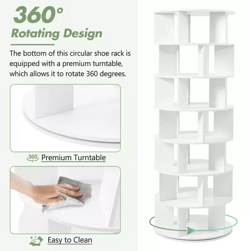 CLIHOME 360 Rotating Shoe Rack Tower, 7-Tier Spinning Shoe Carousel Closet Organizer with 5 Grids Per Layer