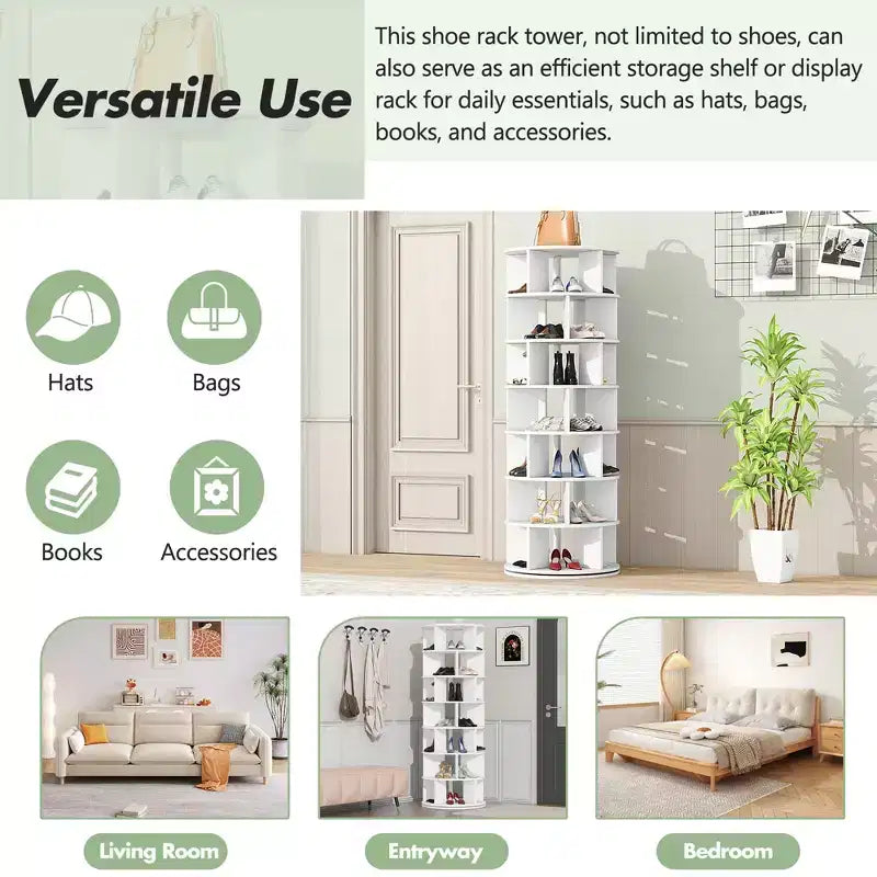 CLIHOME 360 Rotating Shoe Rack Tower, 7-Tier Spinning Shoe Carousel Closet Organizer with 5 Grids Per Layer