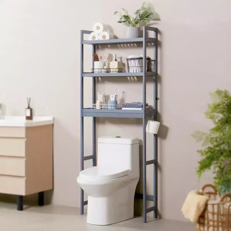 VEVOR Over the Toilet Storage, 3-Tier Adjustable Over Toilet Bathroom Organizer, Bamboo Storage Shelf Rack with 3 Hooks, Fit Most Toilets, Gray
