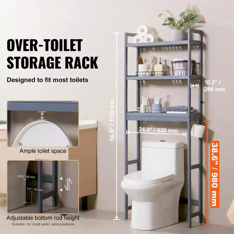 VEVOR Over the Toilet Storage, 3-Tier Adjustable Over Toilet Bathroom Organizer, Bamboo Storage Shelf Rack with 3 Hooks, Fit Most Toilets, Gray