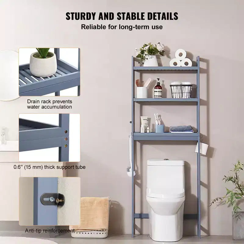 VEVOR Over the Toilet Storage, 3-Tier Adjustable Over Toilet Bathroom Organizer, Bamboo Storage Shelf Rack with 3 Hooks, Fit Most Toilets, Gray
