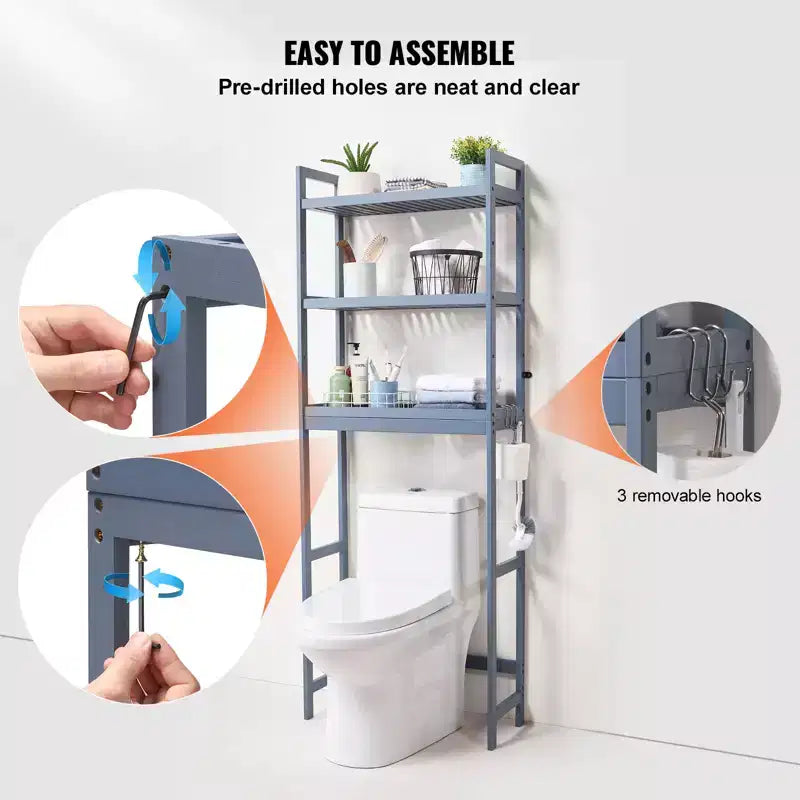 VEVOR Over the Toilet Storage, 3-Tier Adjustable Over Toilet Bathroom Organizer, Bamboo Storage Shelf Rack with 3 Hooks, Fit Most Toilets, Gray