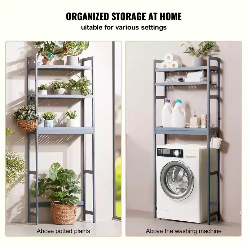 VEVOR Over the Toilet Storage, 3-Tier Adjustable Over Toilet Bathroom Organizer, Bamboo Storage Shelf Rack with 3 Hooks, Fit Most Toilets, Gray