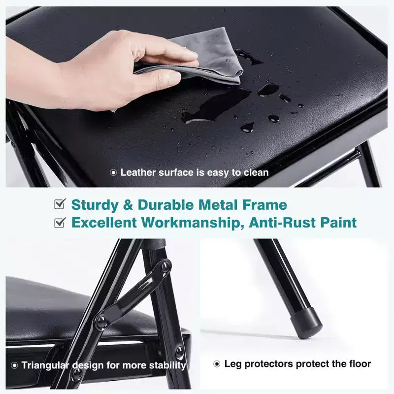 MAYEERTY Folding Chair 4Pcs Leather Padded Outdoor Indoor for Home Office Party Comfy Black