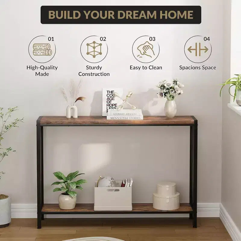 2-Tier Console Table, with Storage Narrow Sofa Table with V Design, 43 Industrial Console Table for Hallway Entryway Living Room