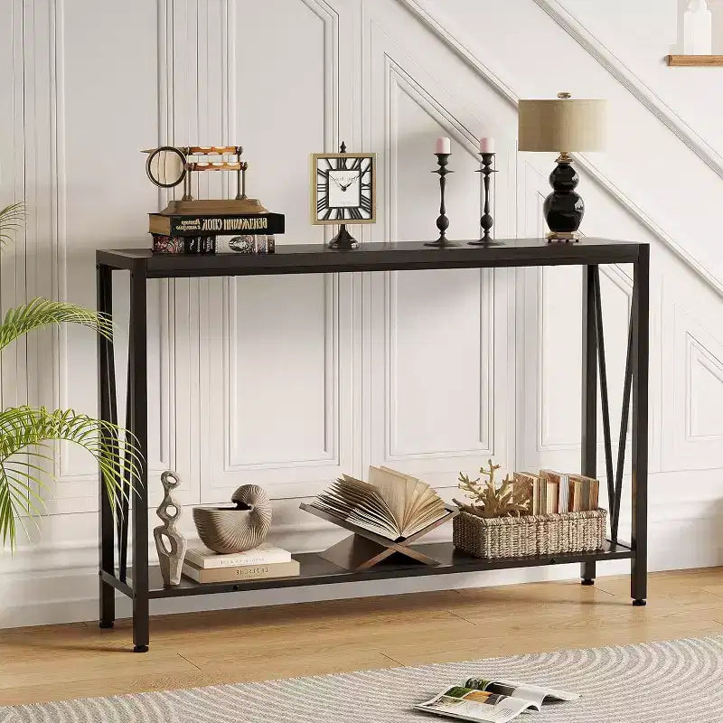 2-Tier Console Table, with Storage Narrow Sofa Table with V Design, 43 Industrial Console Table for Hallway Entryway Living Room