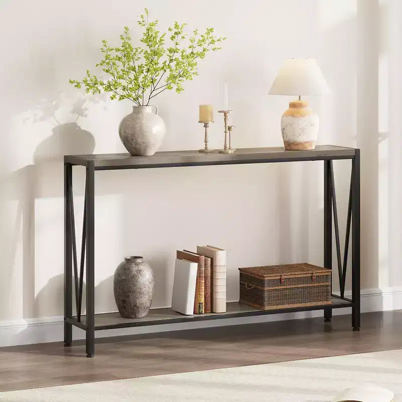 2-Tier Console Table, with Storage Narrow Sofa Table with V Design, 43 Industrial Console Table for Hallway Entryway Living Room