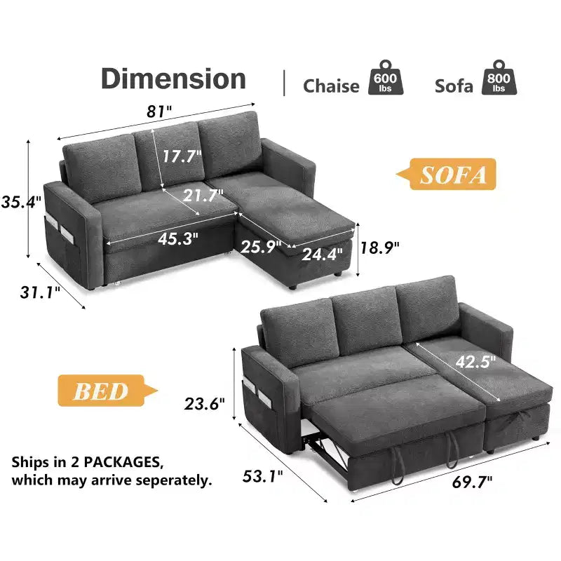 Dyonery 81 Sleeper Sofa Bed with Pull Out Bed, L Shaped Couch Sectional Sleeper Sofa, Pull Out Couch with Reversible Storage Chaise