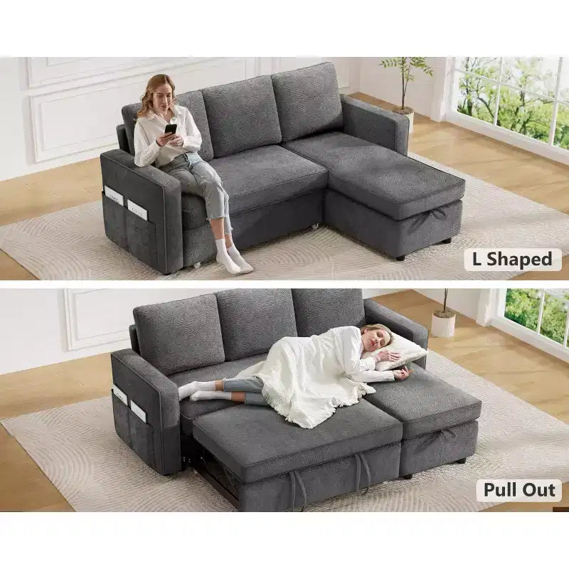 Dyonery 81 Sleeper Sofa Bed with Pull Out Bed, L Shaped Couch Sectional Sleeper Sofa, Pull Out Couch with Reversible Storage Chaise