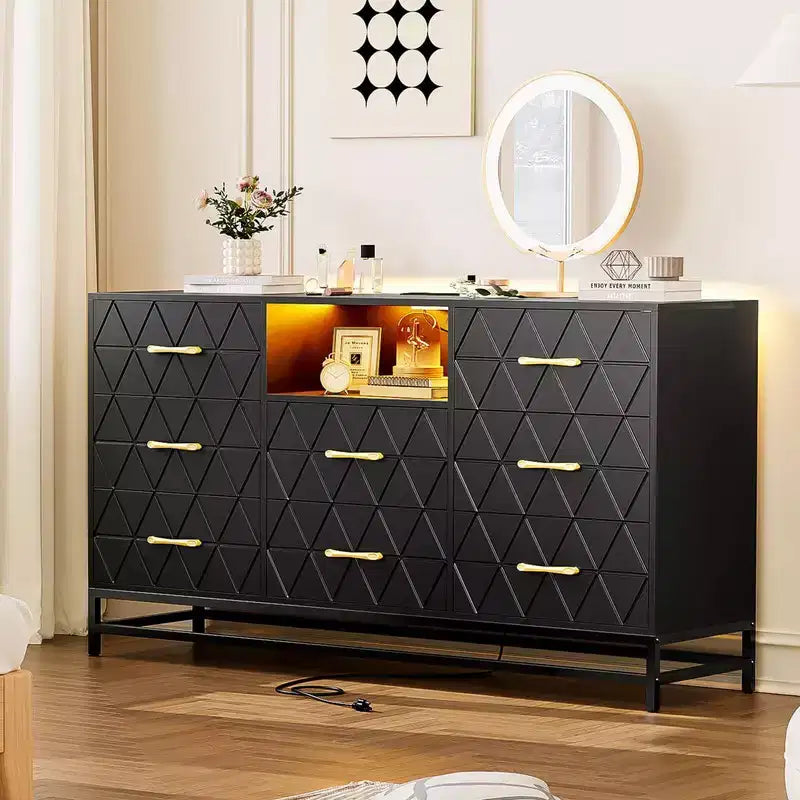 8-Drawer Dresser with LED Light and Power Outlet, Modern Black Storage Dresser and 55 TV Stand for Bedroom or Living Room