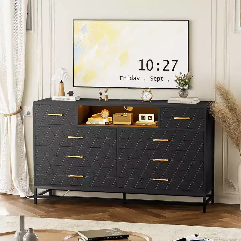8-Drawer Dresser with LED Light and Power Outlet, Modern Black Storage Dresser and 55 TV Stand for Bedroom or Living Room