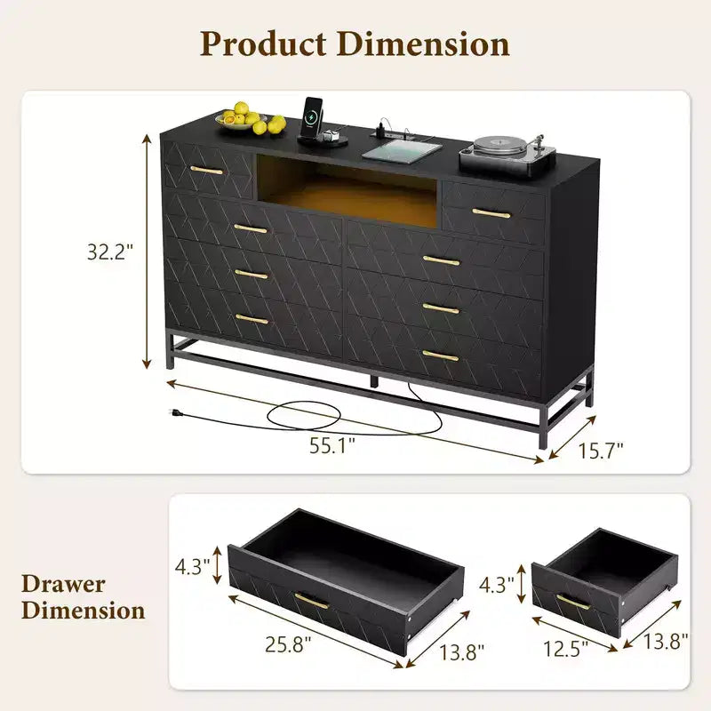 Commode à 8 tiroirs avec éclairage LED et prise électrique, Commode de rangement noire moderne et meuble TV 55 pouces pour chambre ou salon