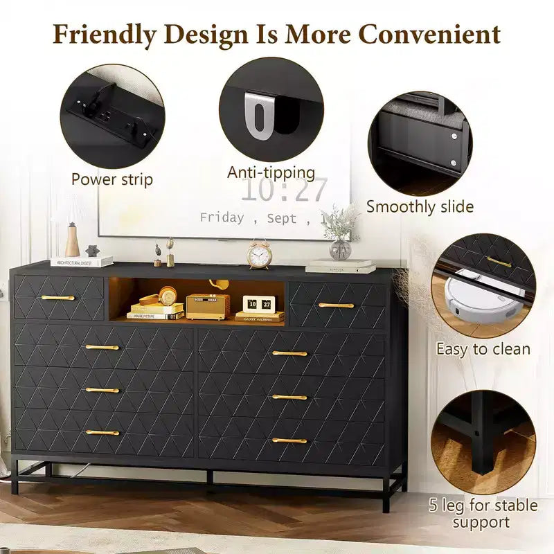 Commode à 8 tiroirs avec éclairage LED et prise électrique, Commode de rangement noire moderne et meuble TV 55 pouces pour chambre ou salon