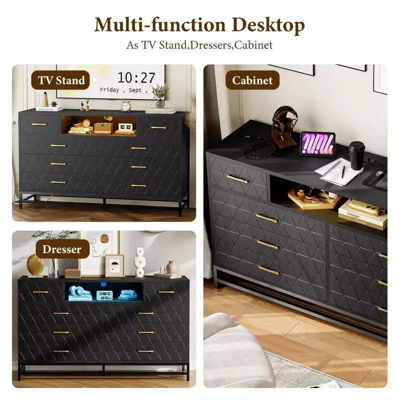 8-Drawer Dresser with LED Light and Power Outlet, Modern Black Storage Dresser and 55 TV Stand for Bedroom or Living Room