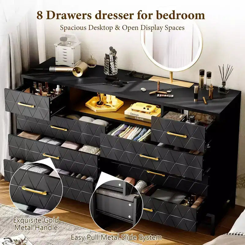 Commode à 8 tiroirs avec éclairage LED et prise électrique, Commode de rangement noire moderne et meuble TV 55 pouces pour chambre ou salon