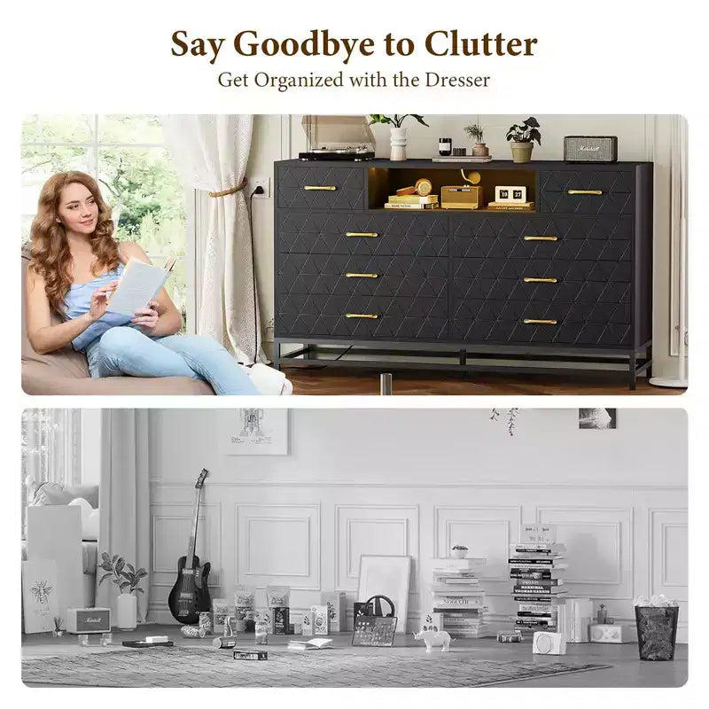 Commode à 8 tiroirs avec éclairage LED et prise électrique, Commode de rangement noire moderne et meuble TV 55 pouces pour chambre ou salon