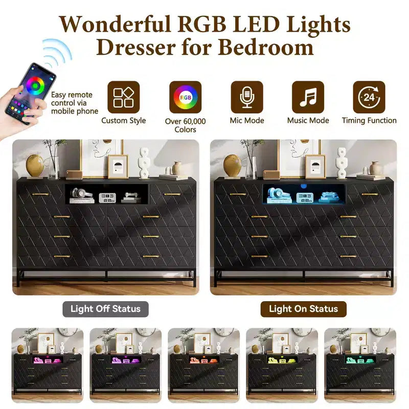 Commode à 8 tiroirs avec éclairage LED et prise électrique, Commode de rangement noire moderne et meuble TV 55 pouces pour chambre ou salon