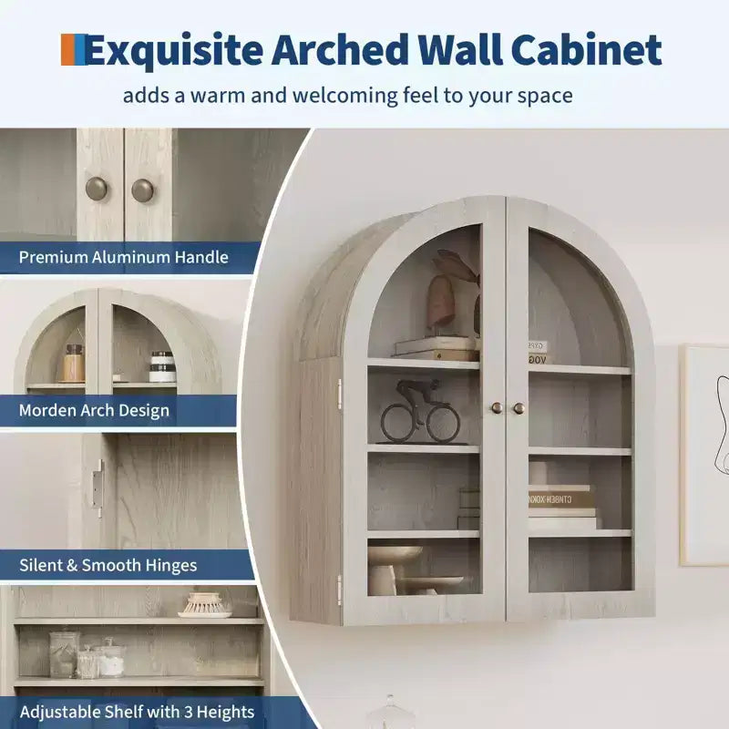 Arched Bathroom Wall Cabinet, Wall Mounted Display Cabinet with Glass Doors & Adjustable Shelves, Medicine Cabinet for Living Room Kitchen