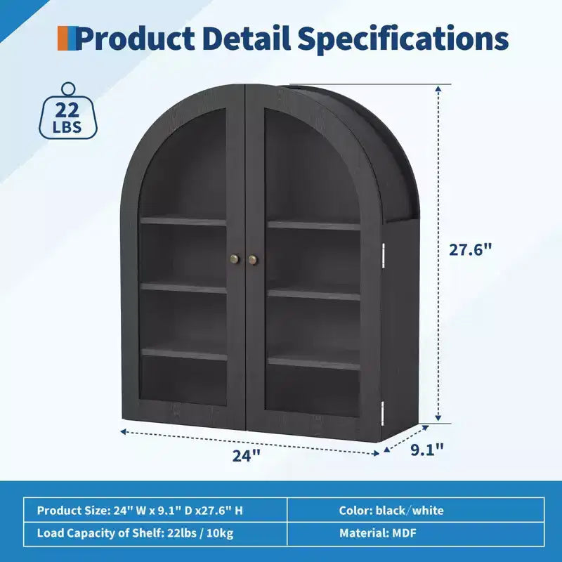Arched Bathroom Wall Cabinet, Wall Mounted Display Cabinet with Glass Doors & Adjustable Shelves, Medicine Cabinet for Living Room Kitchen
