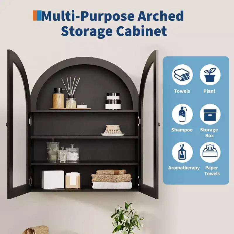 Arched Bathroom Wall Cabinet, Wall Mounted Display Cabinet with Glass Doors & Adjustable Shelves, Medicine Cabinet for Living Room Kitchen