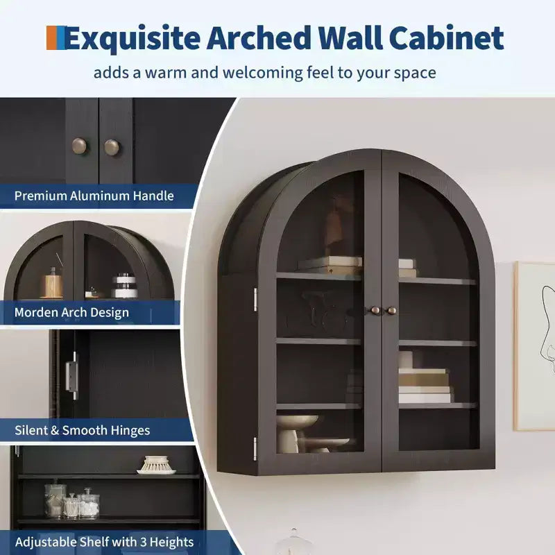 Arched Bathroom Wall Cabinet, Wall Mounted Display Cabinet with Glass Doors & Adjustable Shelves, Medicine Cabinet for Living Room Kitchen