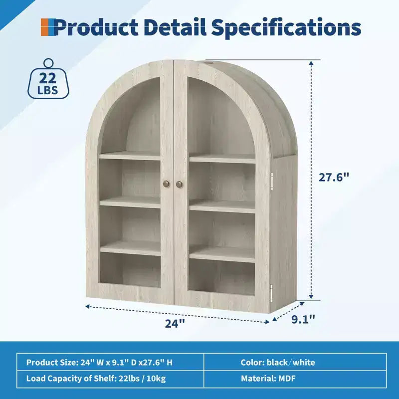 Arched Bathroom Wall Cabinet, Wall Mounted Display Cabinet with Glass Doors & Adjustable Shelves, Medicine Cabinet for Living Room Kitchen