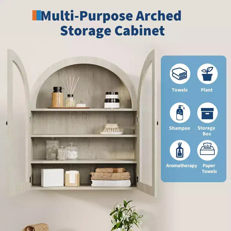 Arched Bathroom Wall Cabinet, Wall Mounted Display Cabinet with Glass Doors & Adjustable Shelves, Medicine Cabinet for Living Room Kitchen