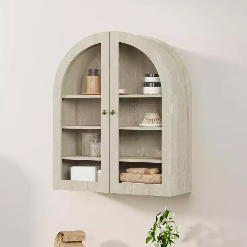 Arched Bathroom Wall Cabinet, Wall Mounted Display Cabinet with Glass Doors & Adjustable Shelves, Medicine Cabinet for Living Room Kitchen