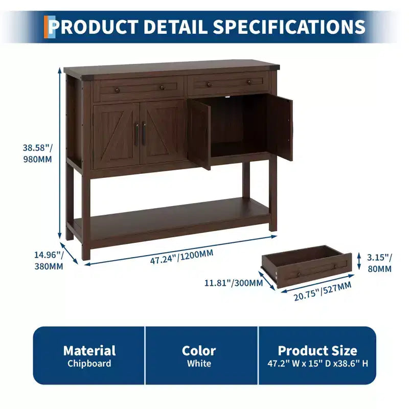 47 Sideboard Buffet Cabinet, Wooden Coffee Bar Cabinet with 2 Drawers, Entryway Console Table, Floor Cupboard Cabinet for Kitchen Living Room