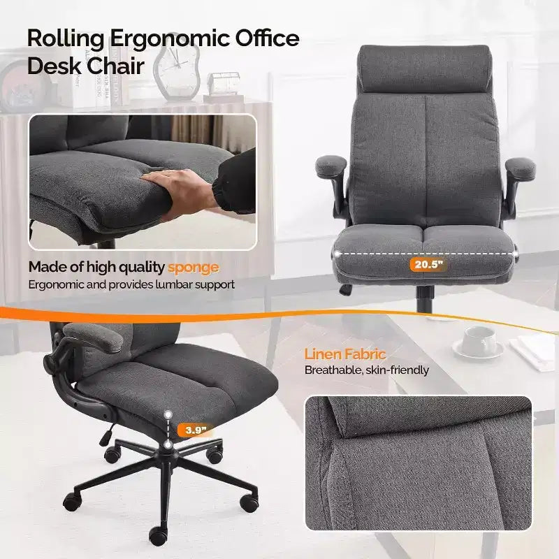 VINGLI Rolling Ergonomic Office Desk Chair with Padded Flip-up Arms, 360 Swivel High Back Executive Computer Chair with Wheels,