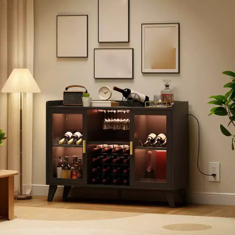 Modern Wine Bar Cabinet, Coffee Bar Cabinet with Wine Rack and Glass Holder, Kitchen Buffet Sideboard with Storage Rack for Living Room Dining Room