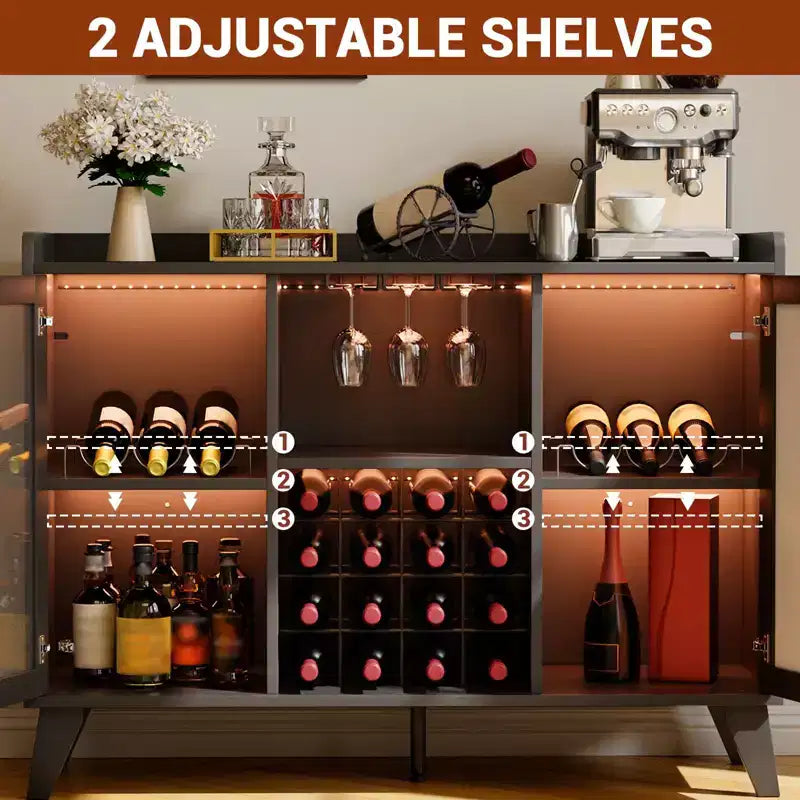 Modern Wine Bar Cabinet, Coffee Bar Cabinet with Wine Rack and Glass Holder, Kitchen Buffet Sideboard with Storage Rack for Living Room Dining Room