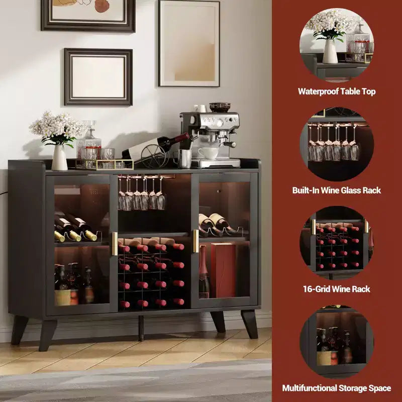 Modern Wine Bar Cabinet, Coffee Bar Cabinet with Wine Rack and Glass Holder, Kitchen Buffet Sideboard with Storage Rack for Living Room Dining Room