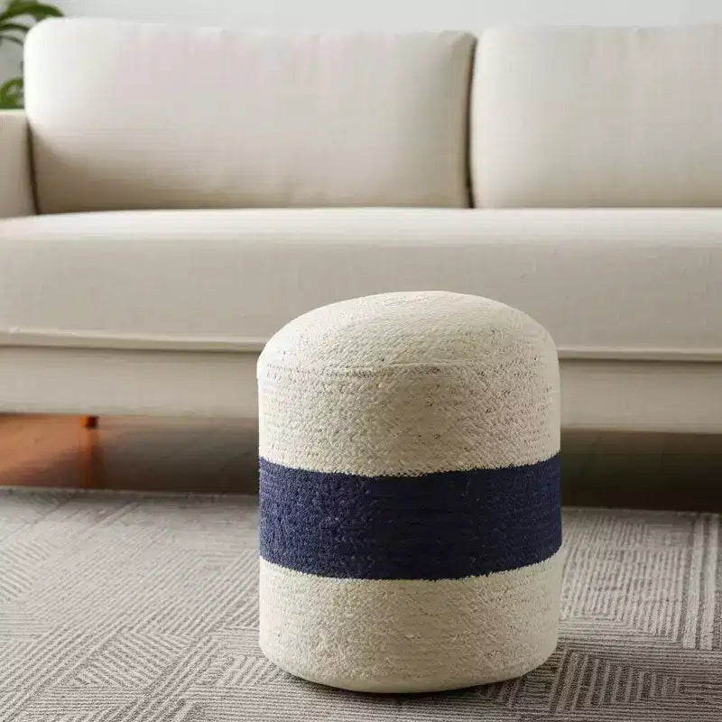 HomeRoots 18 Off White And Navy Blue Jute Blend Cylinder Striped Pouf Ottoman
