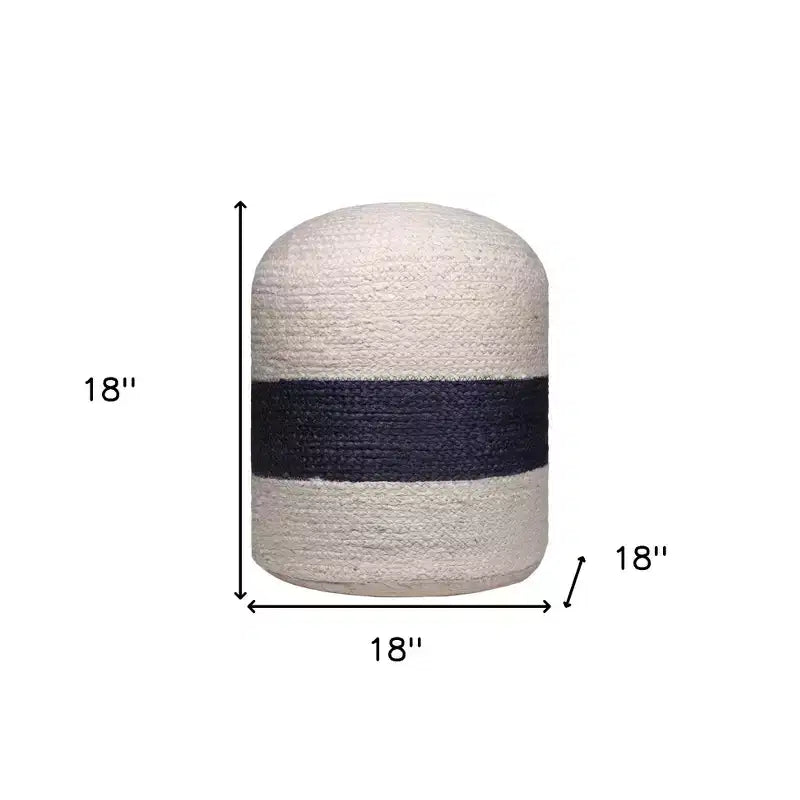 HomeRoots 18 Off White And Navy Blue Jute Blend Cylinder Striped Pouf Ottoman