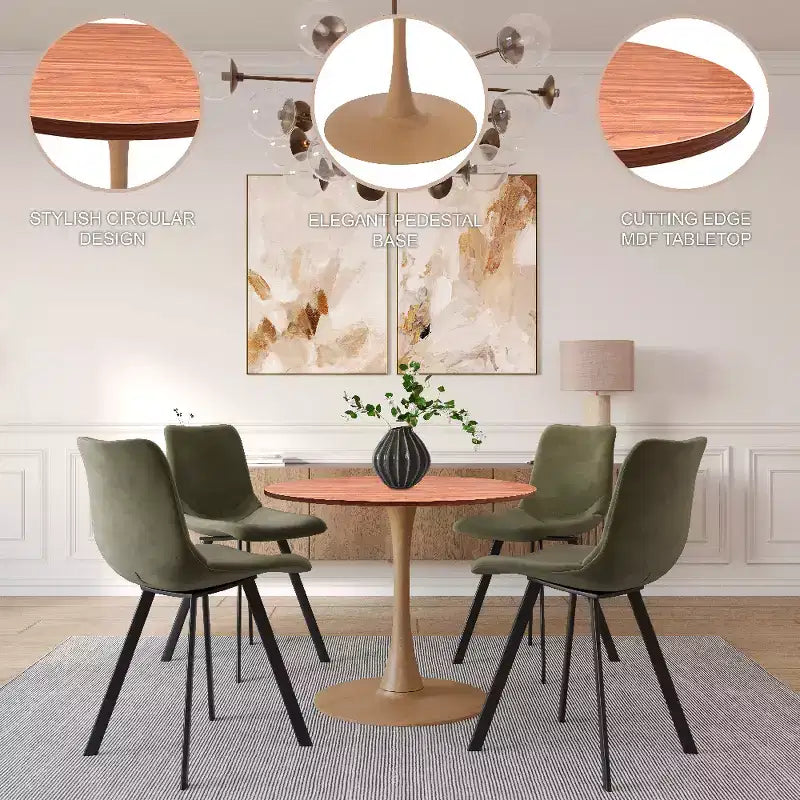LeisureMod Bristol 27 Round Dining Table  MDF Top with Natural Wood Steel Pedestal Base, Modern Kitchen & Dining Room Accent Table for Small Spaces