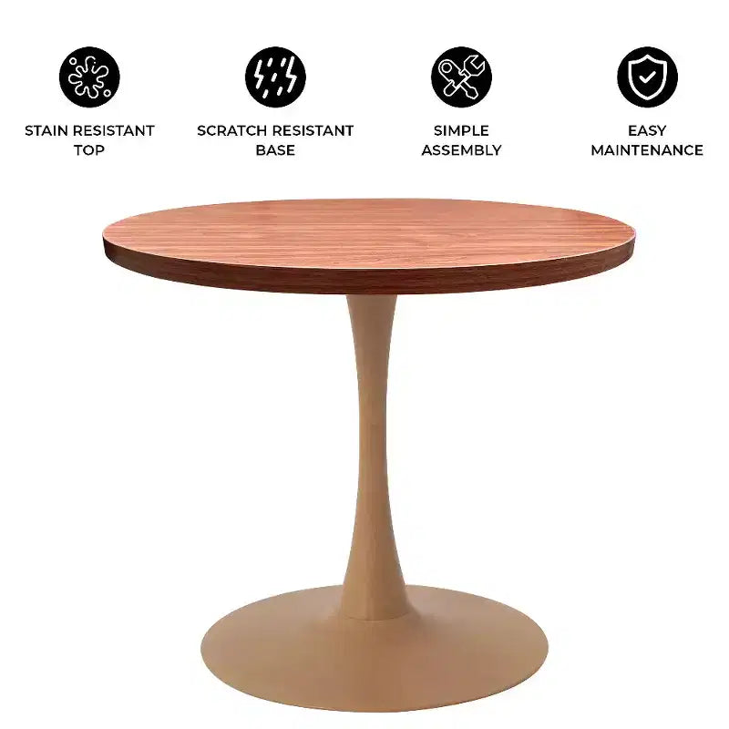 LeisureMod Bristol 27 Round Dining Table  MDF Top with Natural Wood Steel Pedestal Base, Modern Kitchen & Dining Room Accent Table for Small Spaces