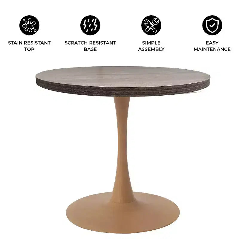 LeisureMod Bristol 27 Round Dining Table  MDF Top with Natural Wood Steel Pedestal Base, Modern Kitchen & Dining Room Accent Table for Small Spaces