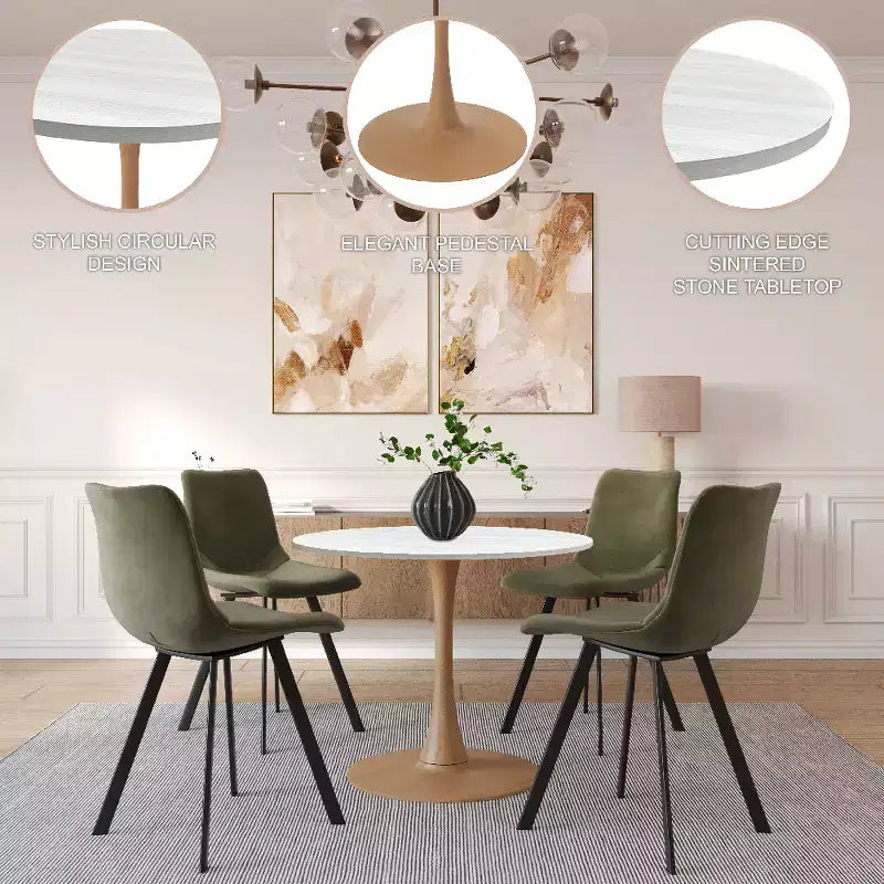 LeisureMod Bristol 27 Round Dining Table  MDF Top with Natural Wood Steel Pedestal Base, Modern Kitchen & Dining Room Accent Table for Small Spaces